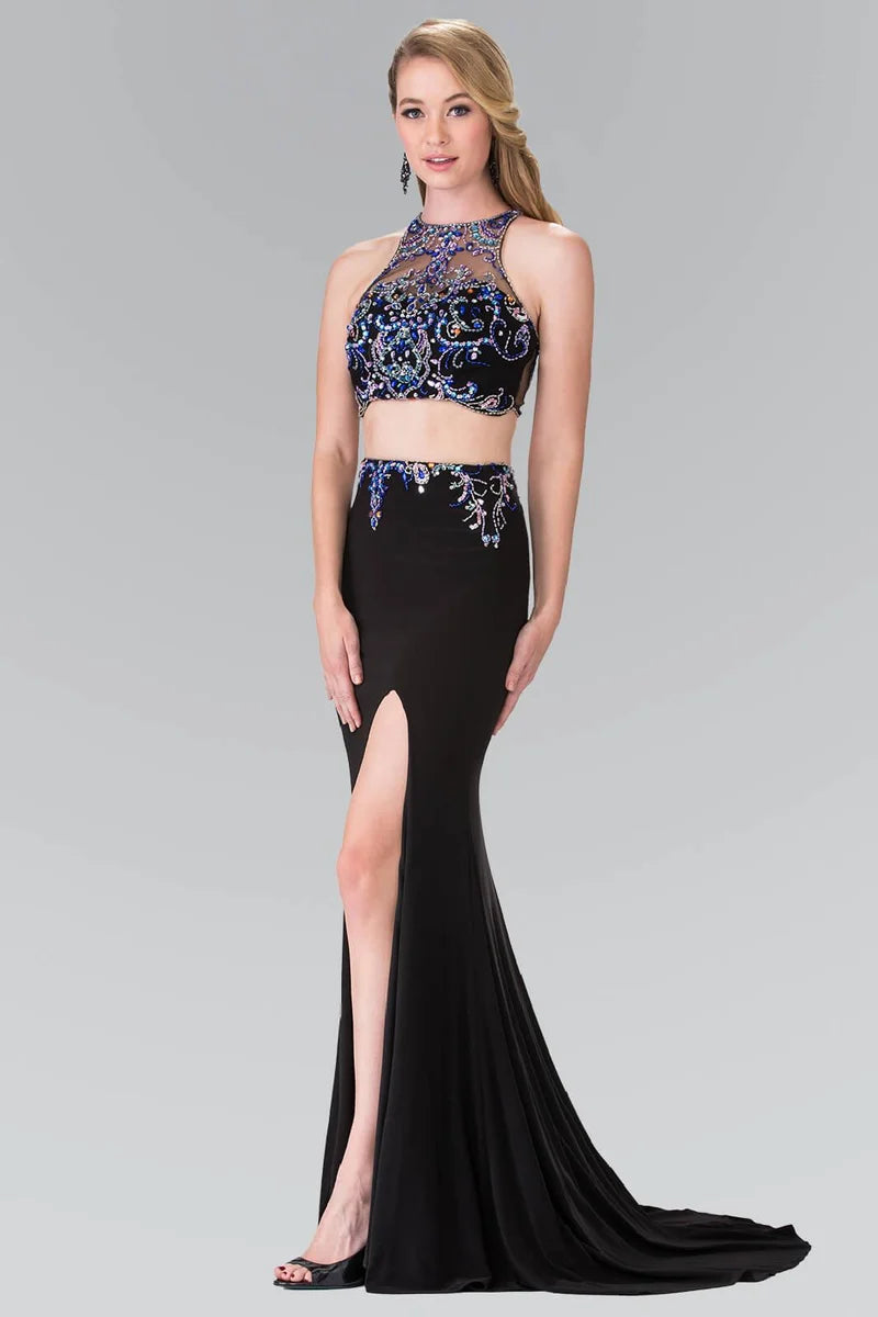 Loverlm black two-piece embellished high neck slit mermaid prom dress front view