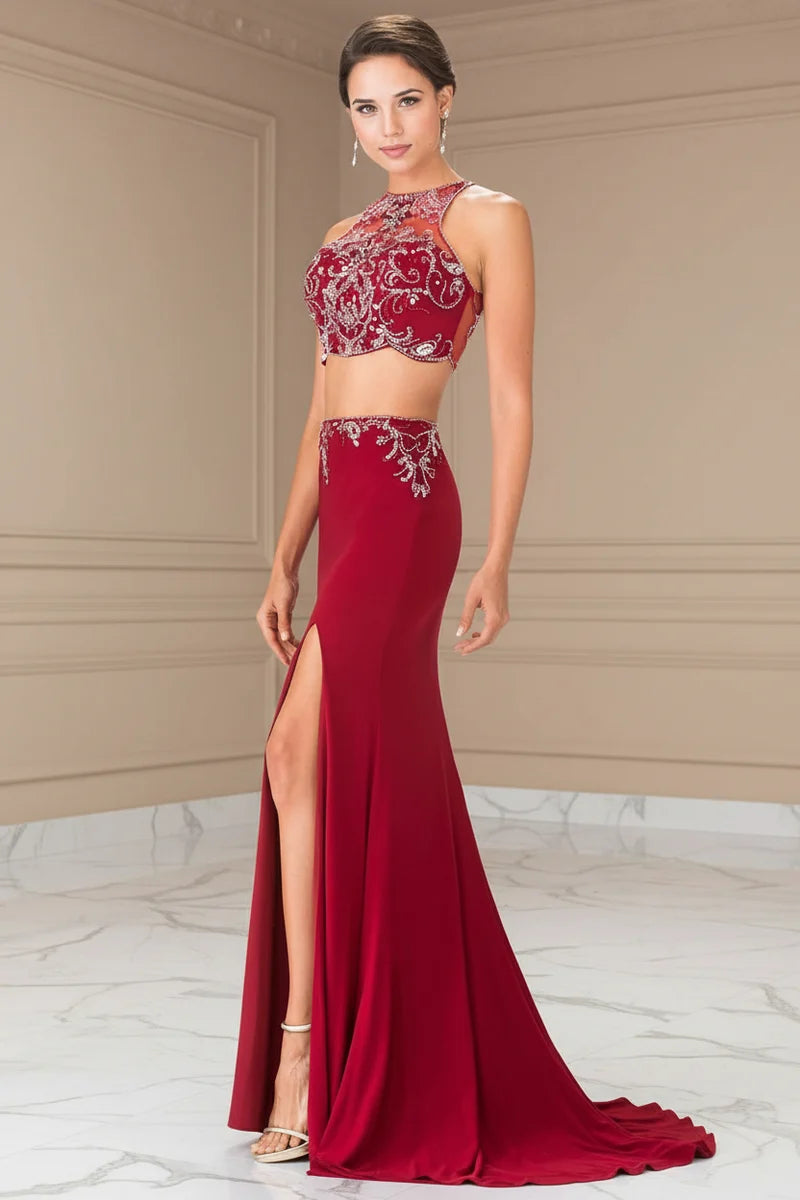 Glamorous Mermaid High-Neck Sleeveless Cutout-Back Slit Floor-Length Prom Dress