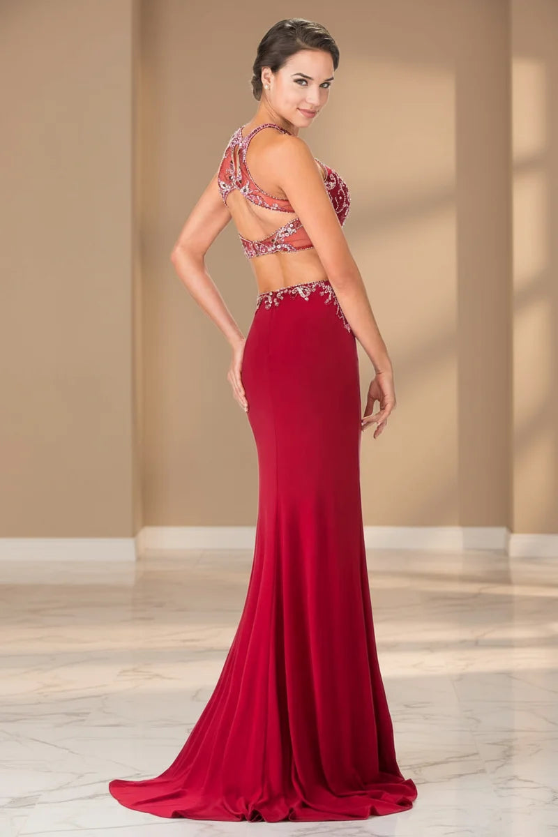Glamorous Mermaid High-Neck Sleeveless Cutout-Back Slit Floor-Length Prom Dress