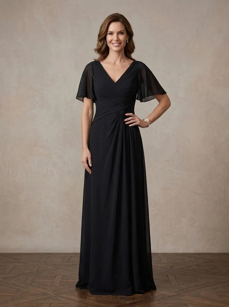 Loverlm black Mother of the Bride dress with V-neck flutter sleeves ruched bodice defined waist and floor-length A-line skirt