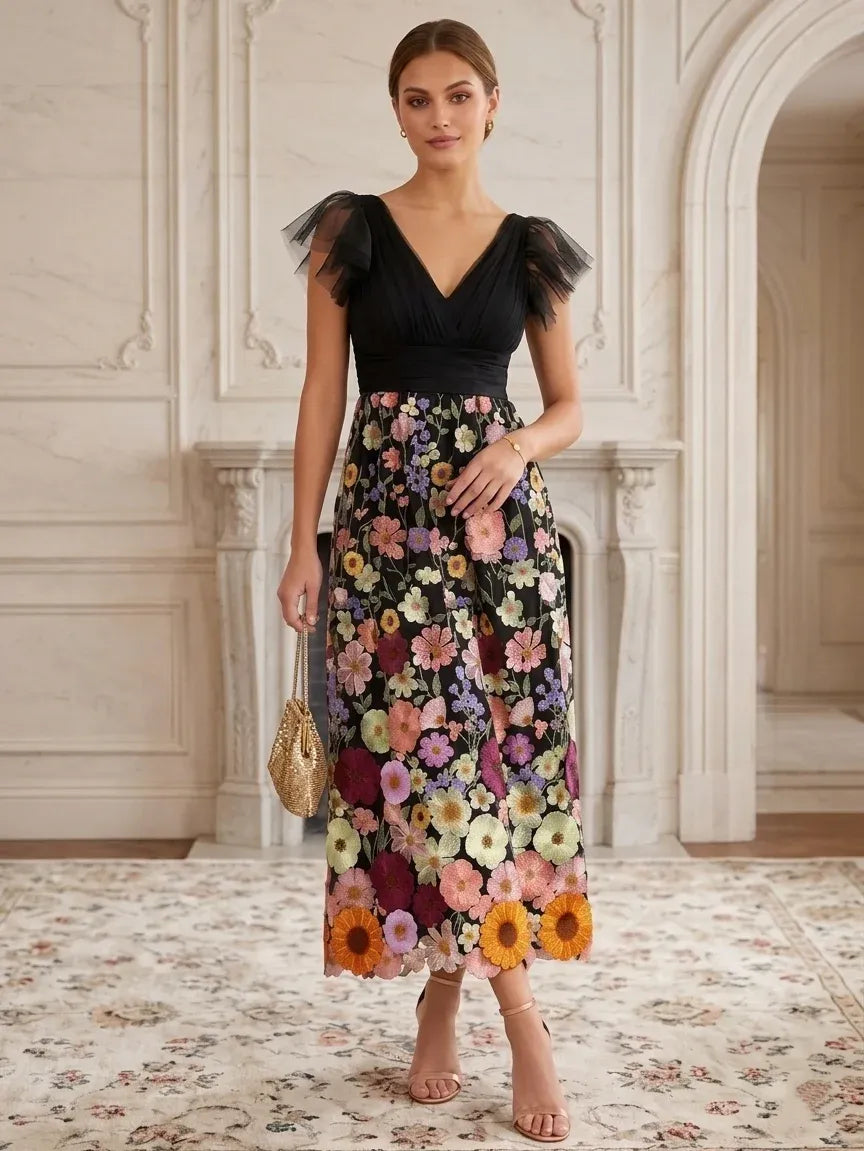 Loverlm black V-neck floral maxi wedding guest dress with ruffle sleeves