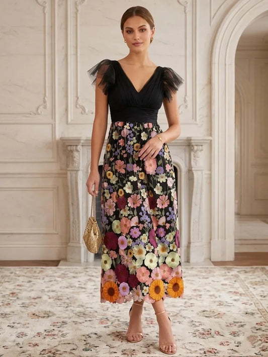 Loverlm black V-neck floral maxi wedding guest dress with ruffle sleeves