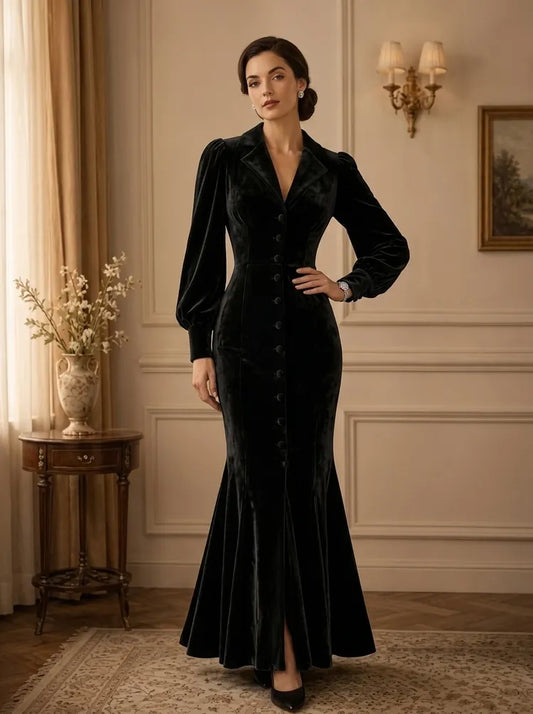 Loverlm black velvet Mother of the Bride dress with lapel V-neck long bishop sleeves covered buttons and floor-length mermaid silhouette