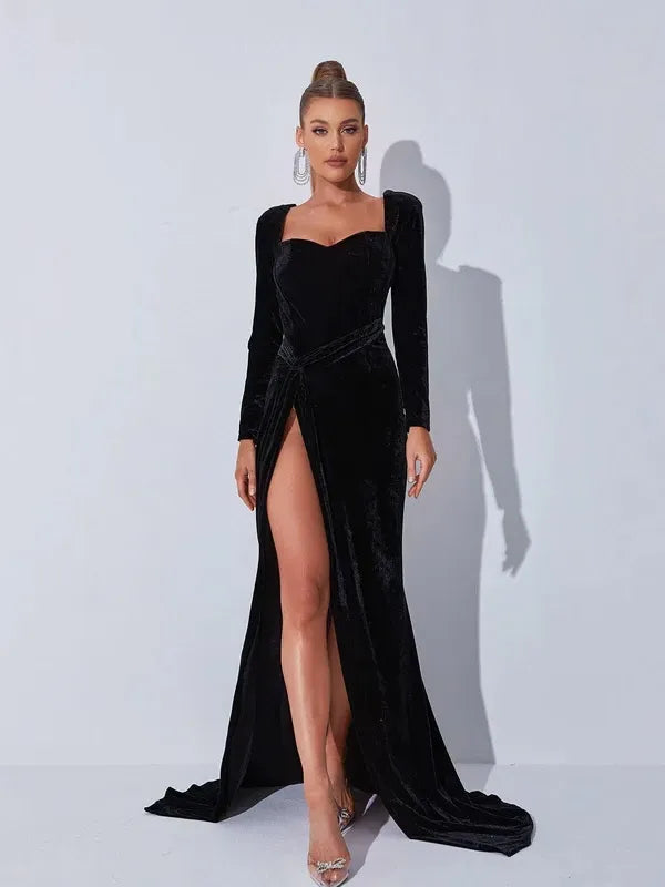 Loverlm black velvet evening dress with square neckline long sleeves high thigh slit and fitted floor-length sheath silhouette