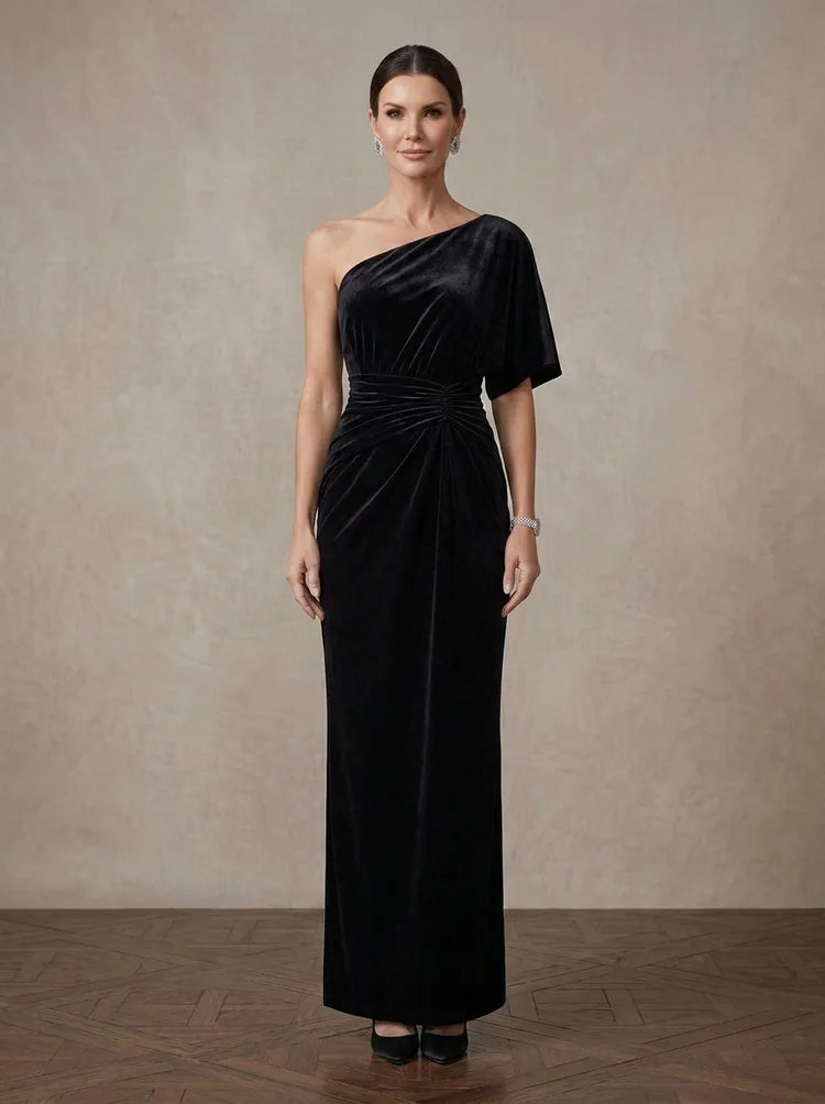 Loverlm black velvet Mother of the Bride dress with one-shoulder neckline asymmetric sleeve ruched waist and floor-length sheath silhouette