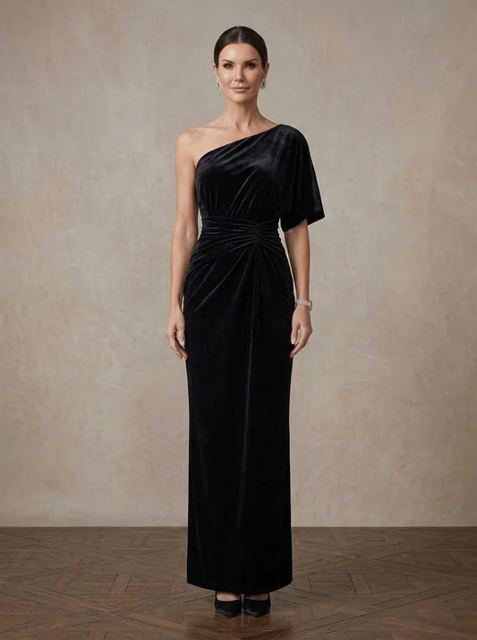 Loverlm black velvet Mother of the Bride dress with one-shoulder neckline asymmetric sleeve ruched waist and floor-length sheath silhouette