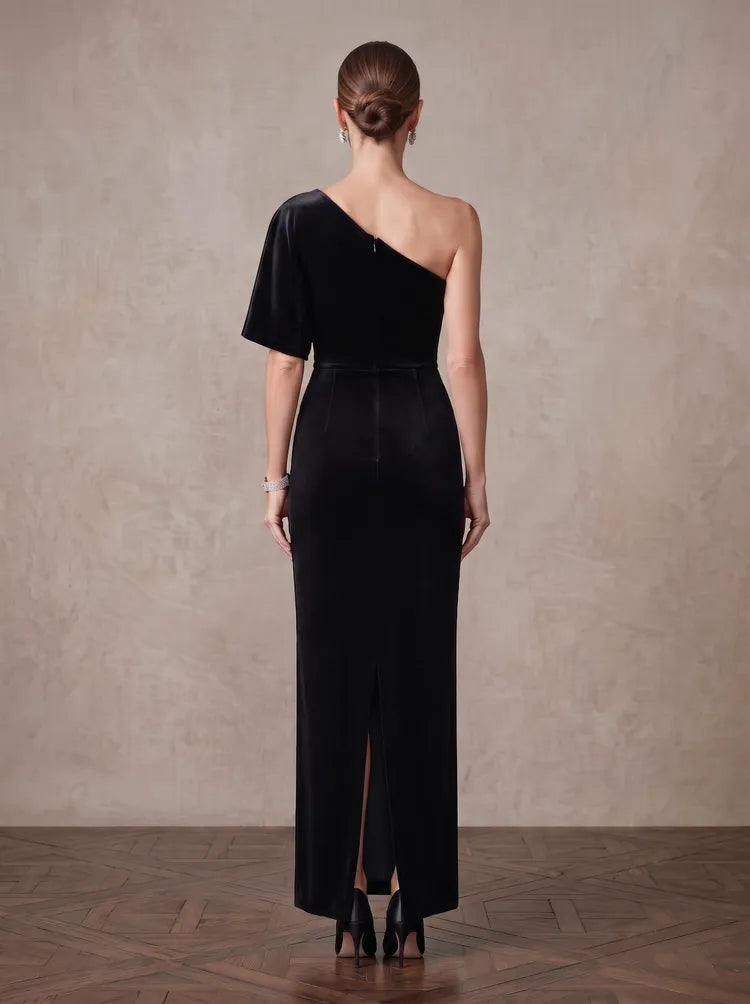Elegant Sheath One-Shoulder Short-Sleeve Velvet Floor-Length Mother of the Bride Dress