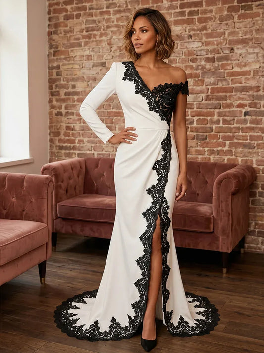 Loverlm black white asymmetric one sleeve lace floor length evening dress front