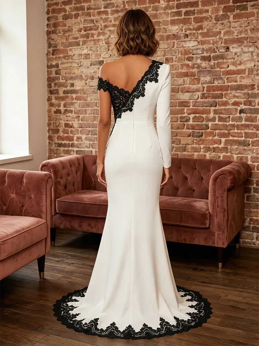 Elegant Sheath Asymmetric Neckline One-Sleeve Lace V-Back Floor-Length Evening Dress