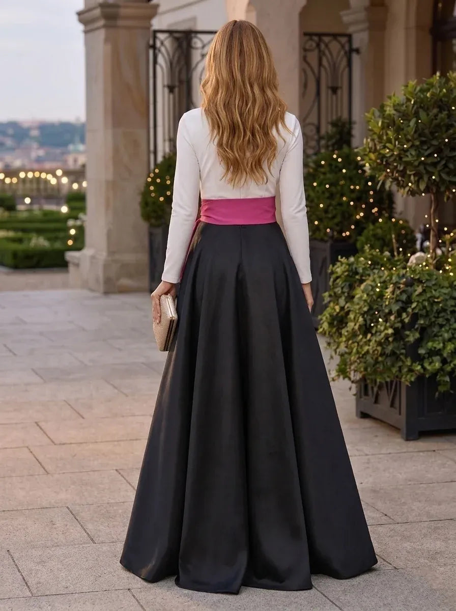 Elegant A-Line V-Neck Long Sleeve Covered Back Floor Length Wedding Guest Dress