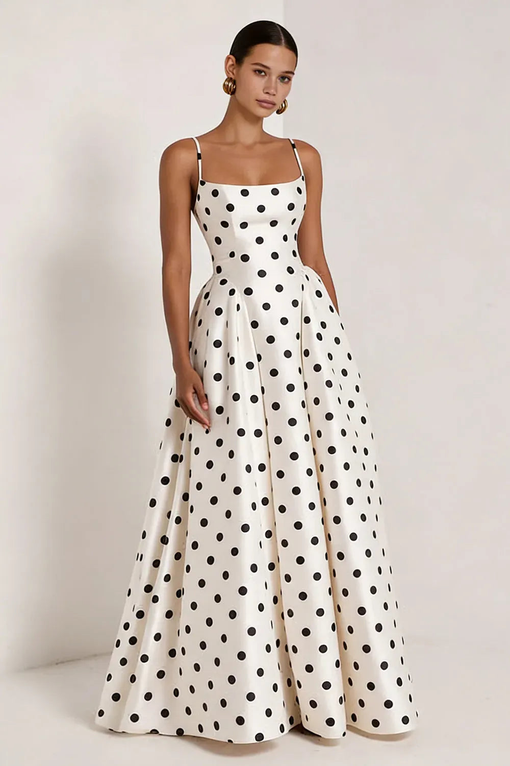 Elegant Polka Dot A-Line Square Neck Sleeveless Straight Back Floor-Length Evening Dress