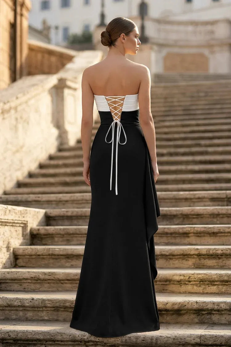 Elegant Black-and-White Satin Mermaid Strapless Sleeveless Lace-Up Back Floor-Length Prom Dress