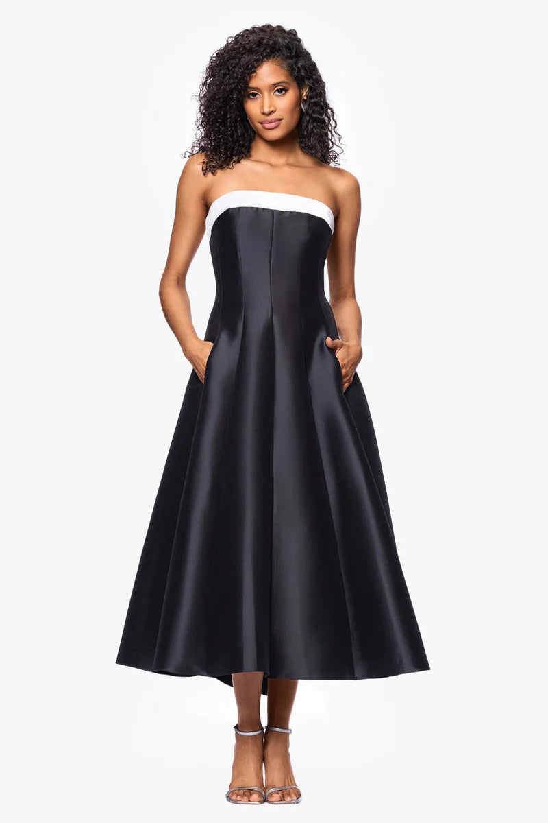 Loverlm black and white wedding guest dress with strapless straight neckline fitted bodice and tea-length A-line skirt