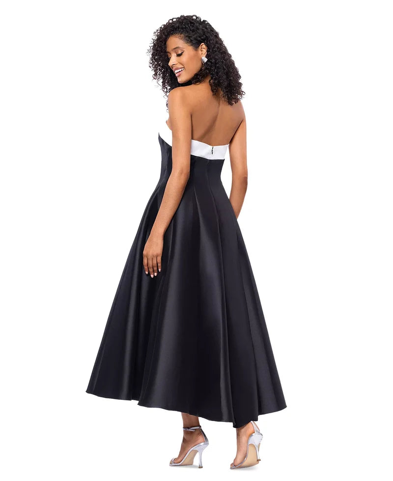 Elegant A-Line Straight Strapless Zip-Back Tea-Length Wedding Guest Dress