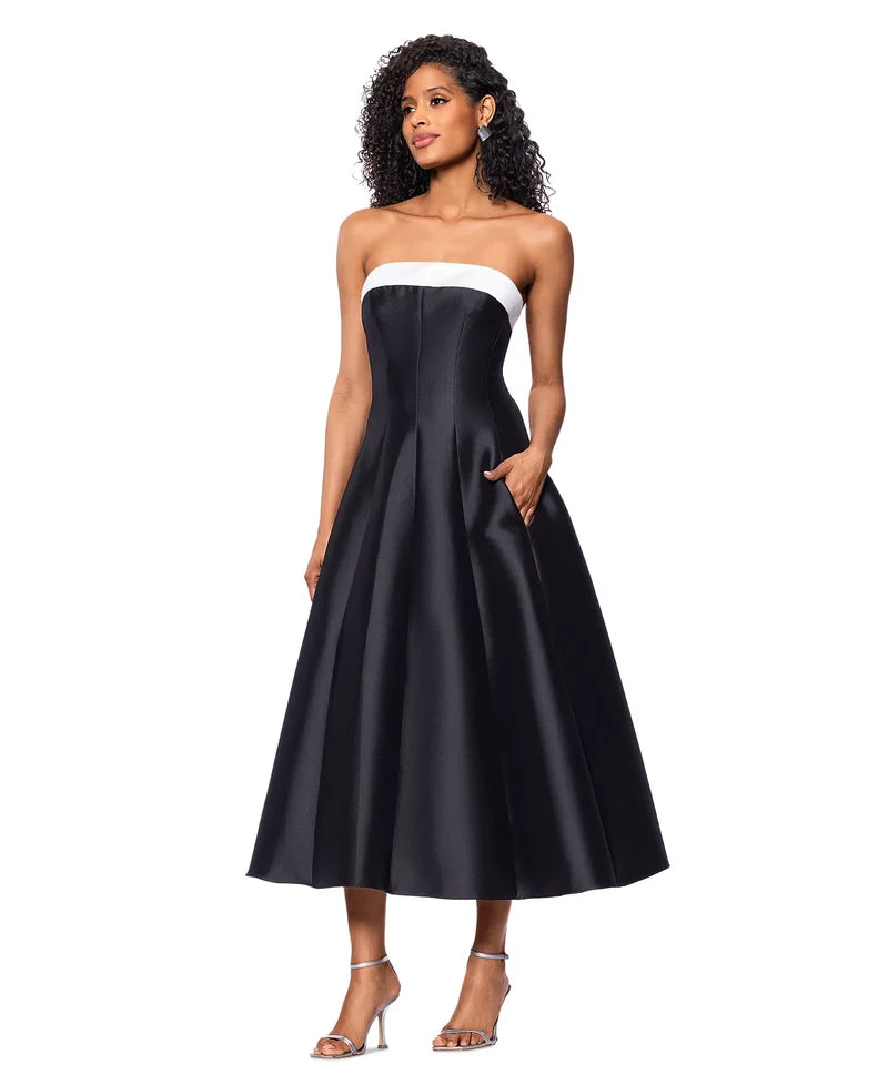 Elegant A-Line Straight Strapless Zip-Back Tea-Length Wedding Guest Dress