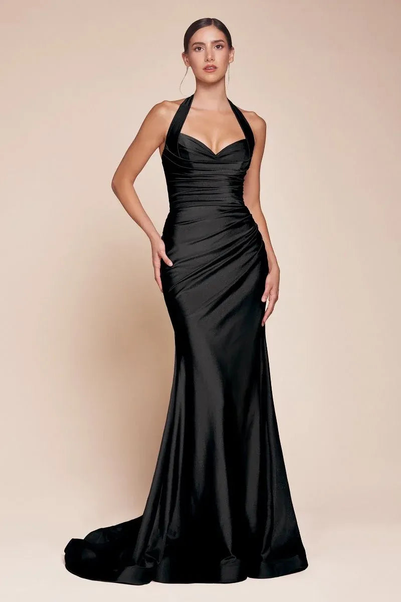 Elegant Sheath Cowl Neck Halter Open Back Floor-Length Evening Dress