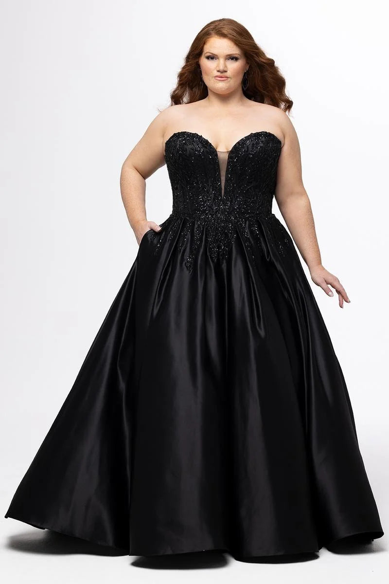Elegant Plus Size A Line Plunging Strapless Satin Floor Length Prom Dress