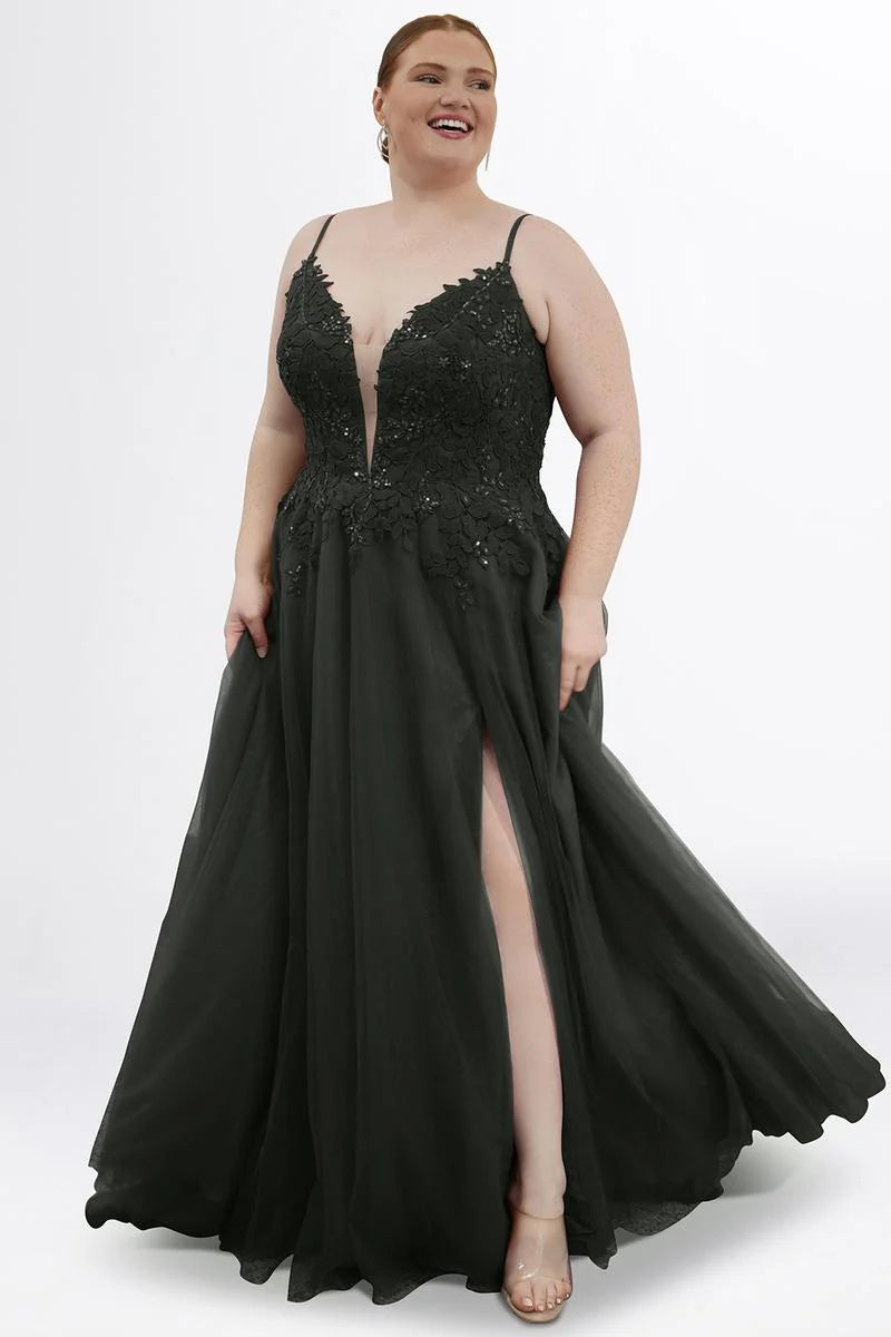 Elegant Plus Size A Line Plunging V Neck Sleeveless Tulle Prom Dress