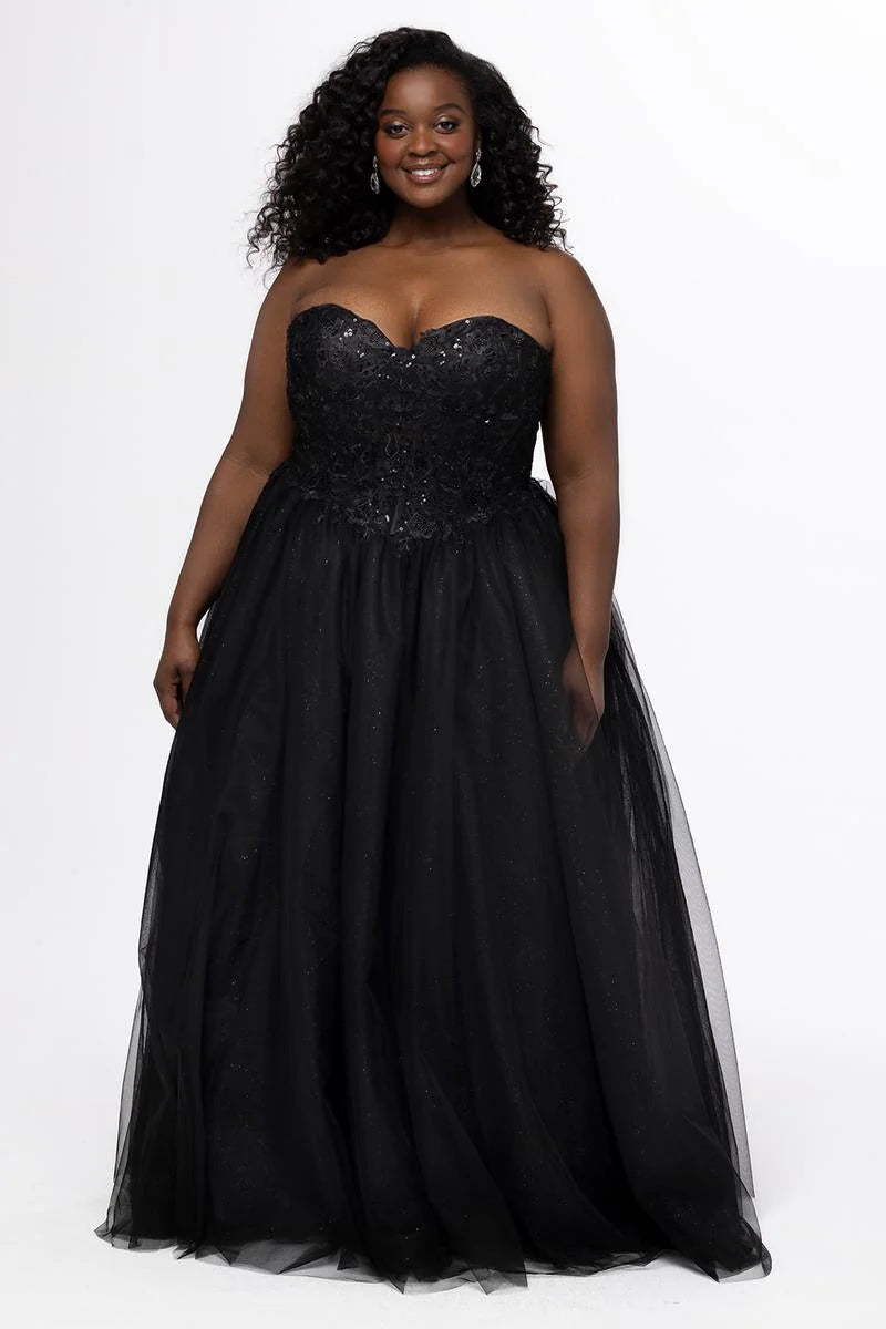 Glamorous Plus Size A Line Sweetheart Strapless Glitter Tulle Prom Dress