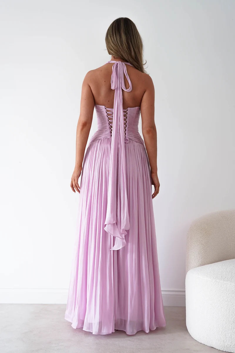 Romantic A-Line Plunging V-Neck Sleeveless Lace-Up Back Floor-Length Prom Dress