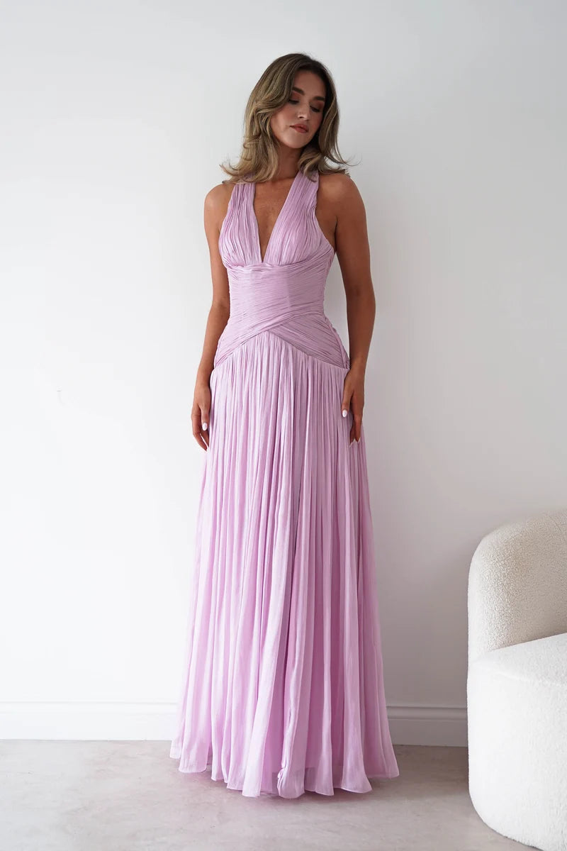 Romantic A-Line Plunging V-Neck Sleeveless Lace-Up Back Floor-Length Prom Dress