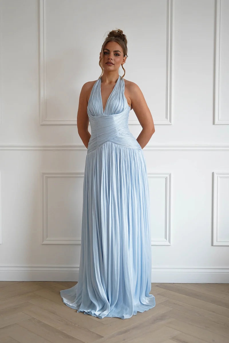Romantic A-Line Plunging V-Neck Sleeveless Lace-Up Back Floor-Length Prom Dress
