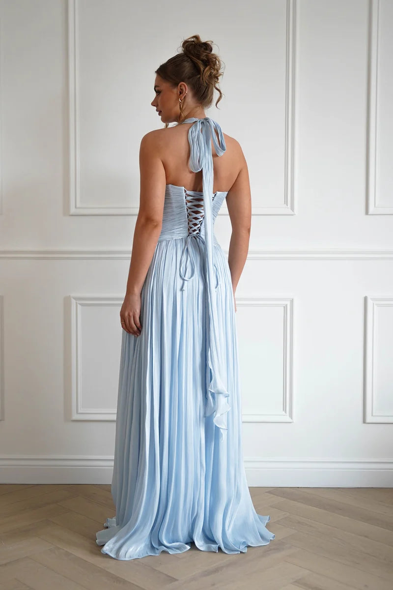Romantic A-Line Plunging V-Neck Sleeveless Lace-Up Back Floor-Length Prom Dress