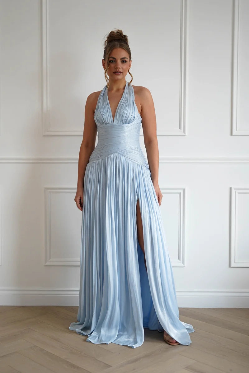 Romantic A-Line Plunging V-Neck Sleeveless Lace-Up Back Floor-Length Prom Dress