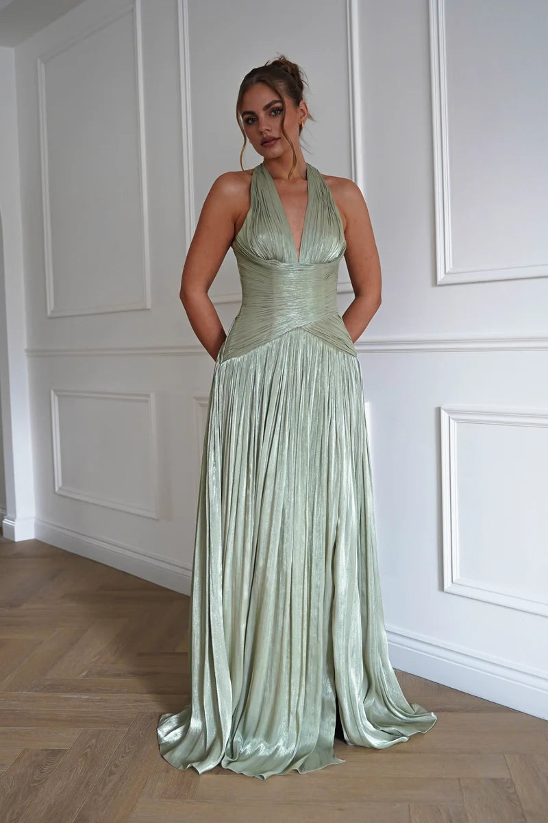 Romantic A-Line Plunging V-Neck Sleeveless Lace-Up Back Floor-Length Prom Dress