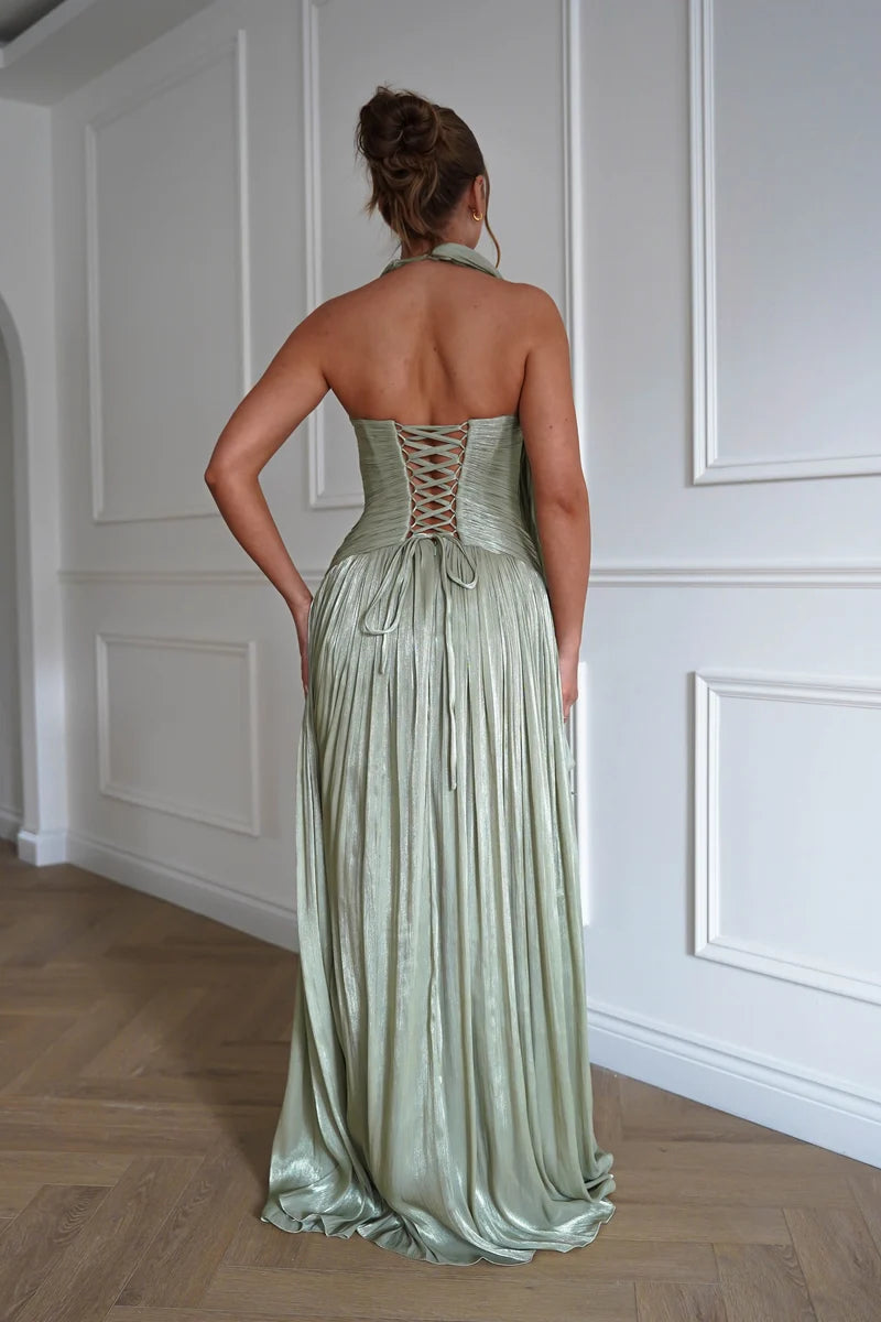 Romantic A-Line Plunging V-Neck Sleeveless Lace-Up Back Floor-Length Prom Dress