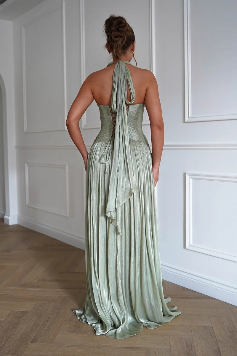 Romantic A-Line Plunging V-Neck Sleeveless Lace-Up Back Floor-Length Prom Dress