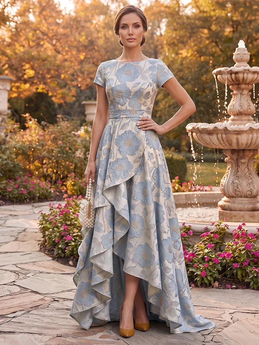 Loverlm ivory and blue floral Mother of the Bride dress with round neckline, cap sleeves, defined waist and cascading high-low ruffled skirt