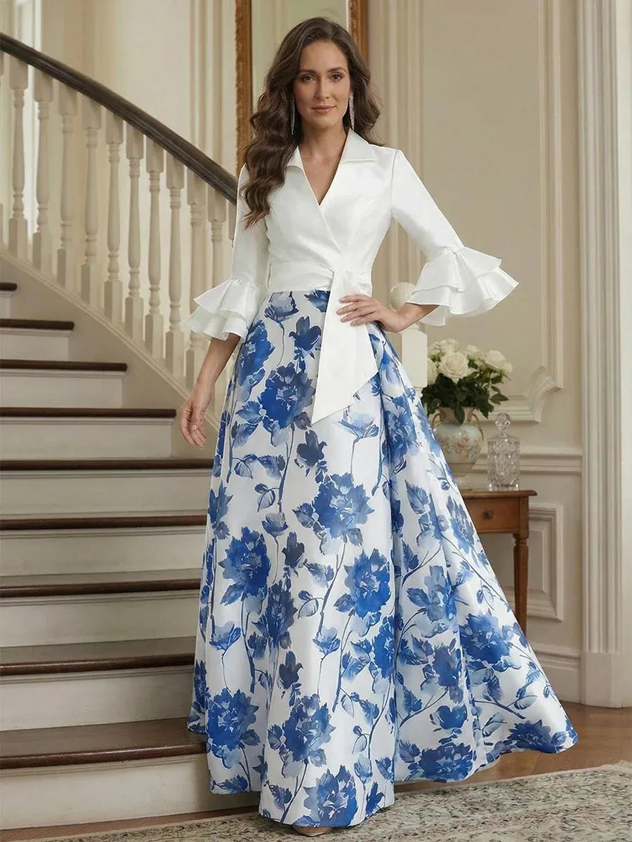 Elegant A-Line Collared Ruffle Sleeve Closed Back Floor Length Mother of the Bride Dress