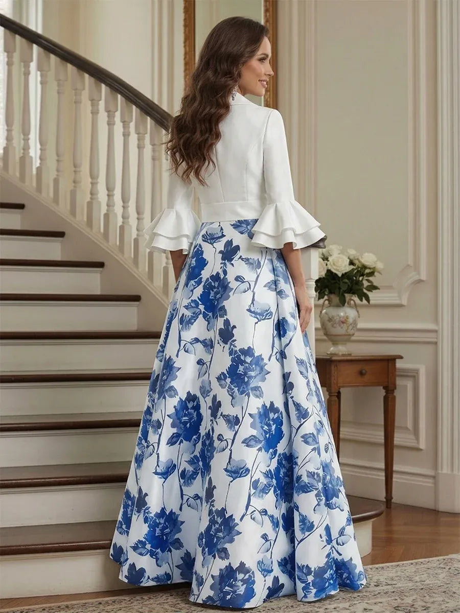 Elegant A-Line Collared Ruffle Sleeve Closed Back Floor Length Mother of the Bride Dress