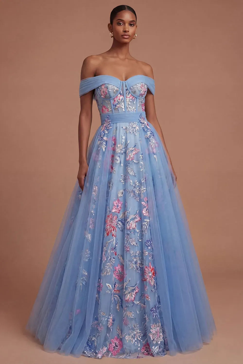 Loverlm blue floral embroidered ball gown prom dress with sweetheart neckline, off shoulder sleeves and layered tulle skirt front view