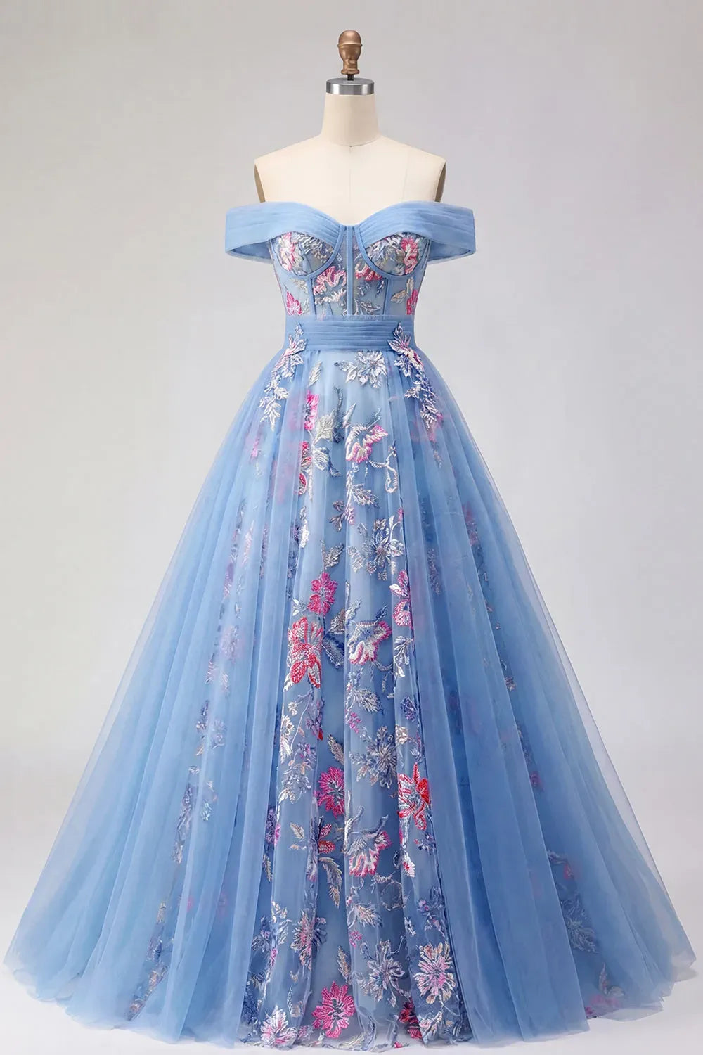 Romantic Blue Ball Gown Sweetheart Off Shoulder Zipper Floor Length Prom Dress