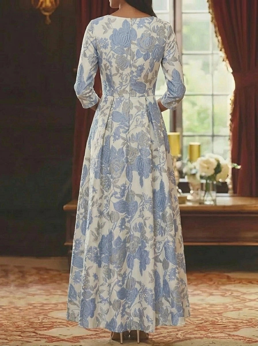 Elegant A-Line Round Neck Three Quarter Sleeve Closed Back Floral Floor Length Mother of the Bride Dress