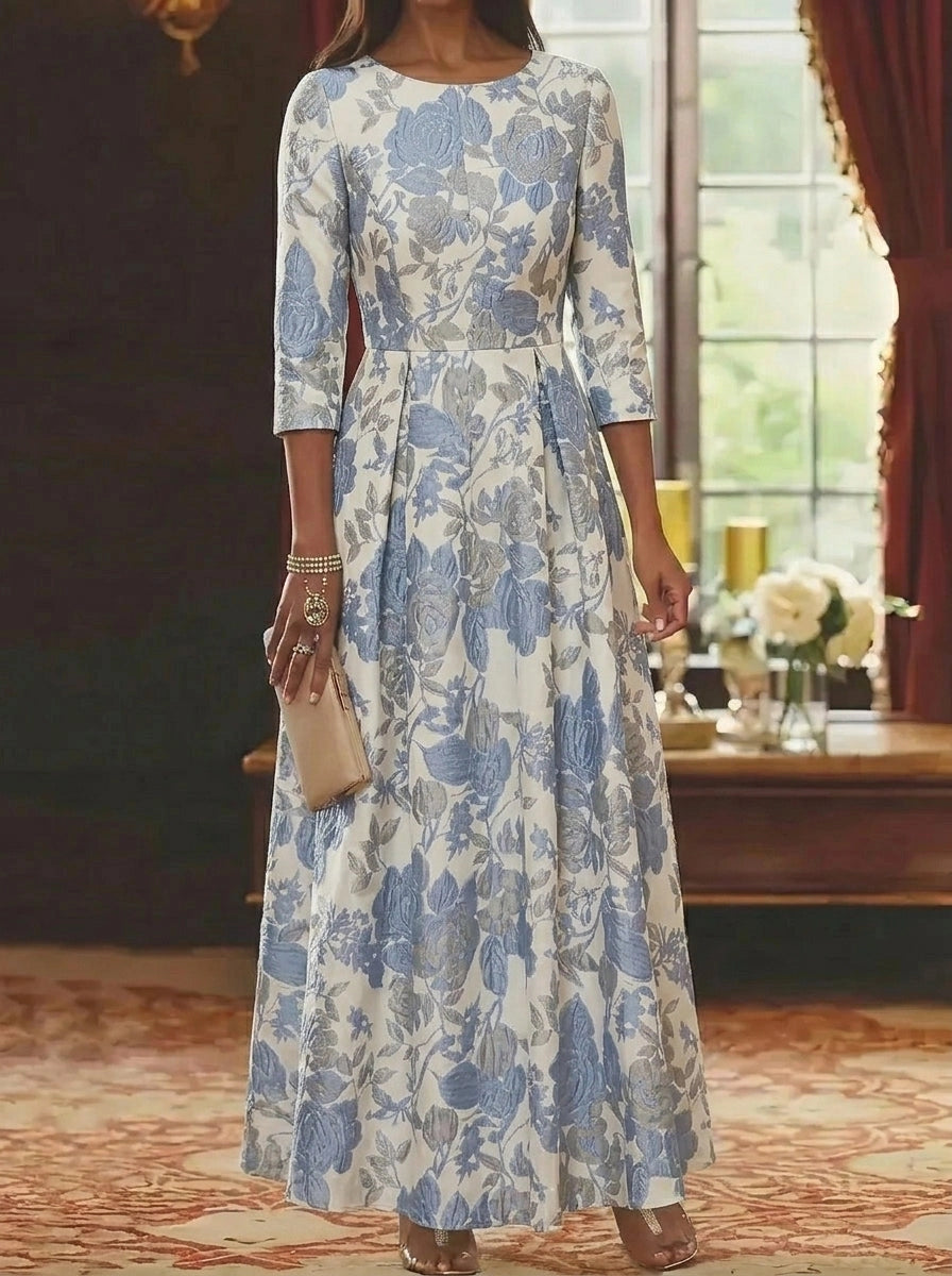 Ivory and dusty blue floral A-line Mother of the Bride dress with three quarter sleeves by Loverlm