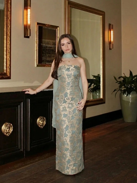 Elegant Sheath Strapless Sleeveless Closed-Back Maxi Wedding Guest Dress