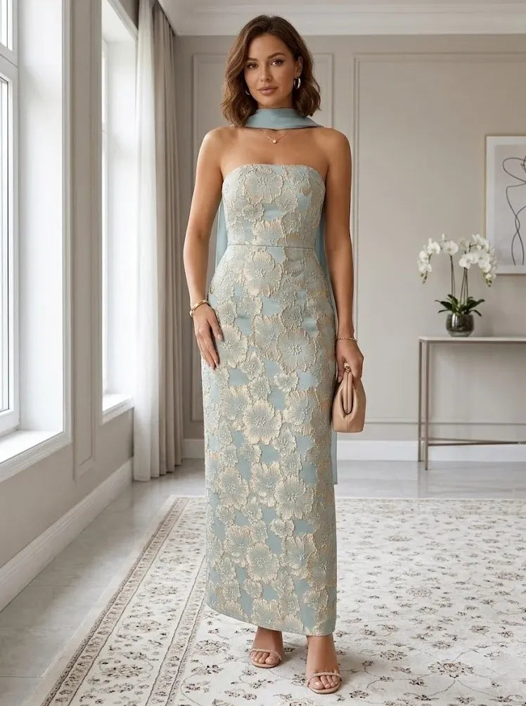 Elegant Sheath Strapless Sleeveless Closed-Back Maxi Wedding Guest Dress
