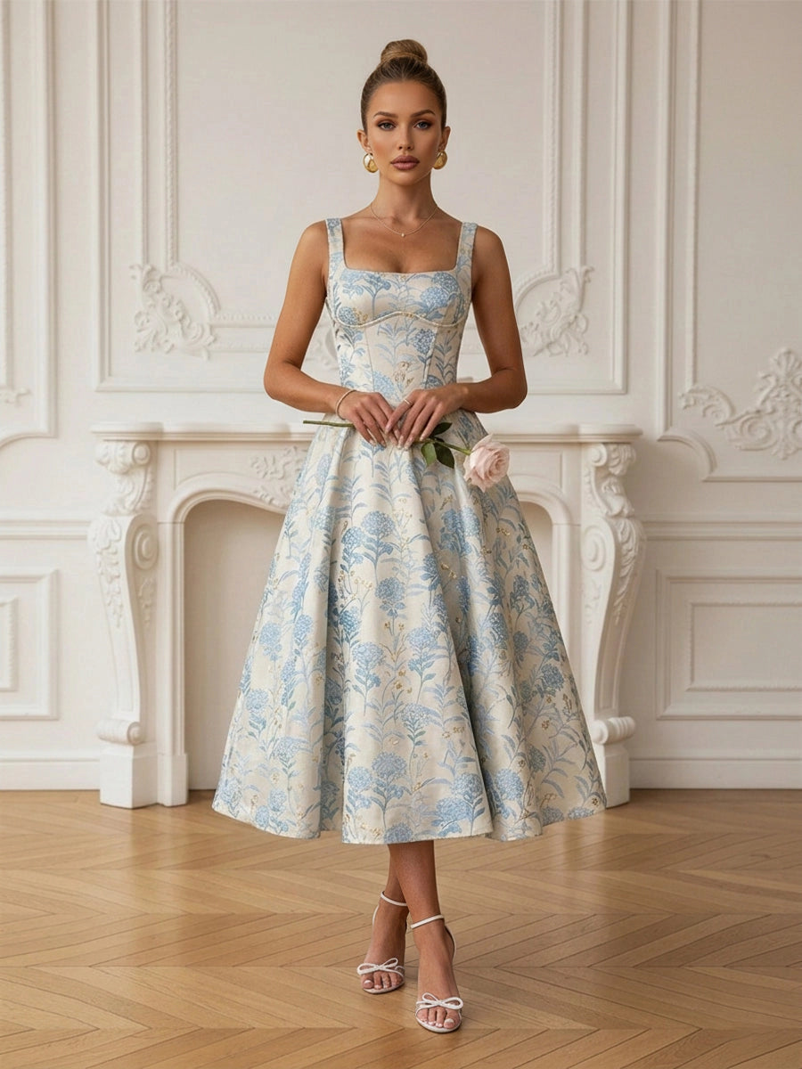 Loverlm blue floral jacquard square neck A-line tea length wedding guest dress front view