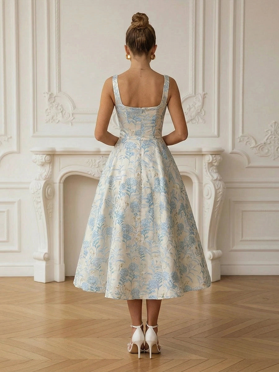 Elegant Floral Jacquard A-Line Square Neck Sleeveless Tea Length Wedding Guest Dress