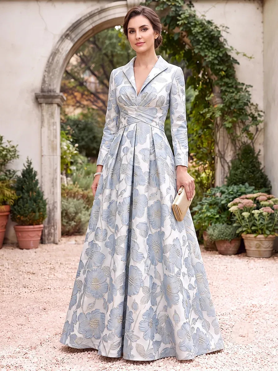 Loverlm blue floral mother of the bride dress front view with notched V-neck collar, long sleeves, crisscross waist and A-line maxi skirt