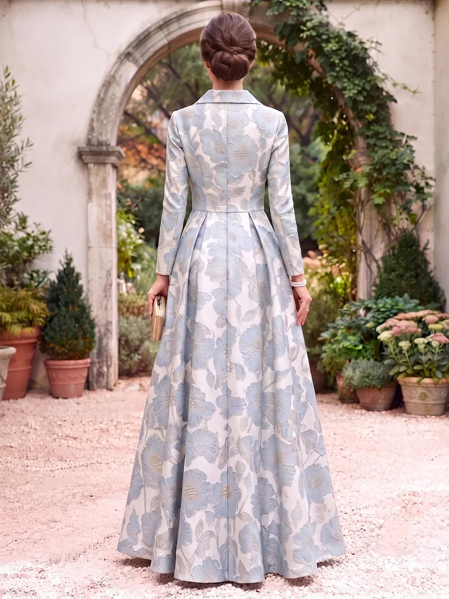Elegant A-Line V-Neck Long Sleeve Zipper Back Floral Mother of the Bride Dress