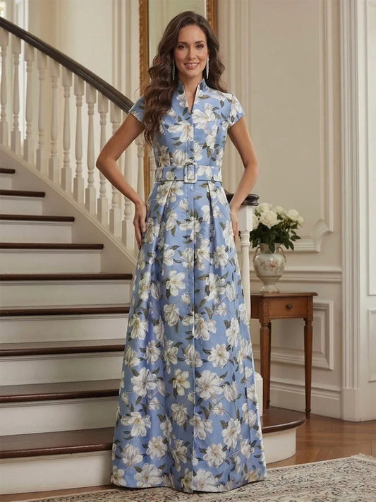 Loverlm blue floral mother of the bride dress front view with mandarin collar, cap sleeves, matching buckle belt and floor-length A-line skirt