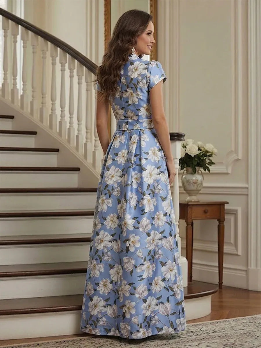 Elegant A-Line Mandarin Collar Cap Sleeve Closed Back Floral Mother of the Bride Dress