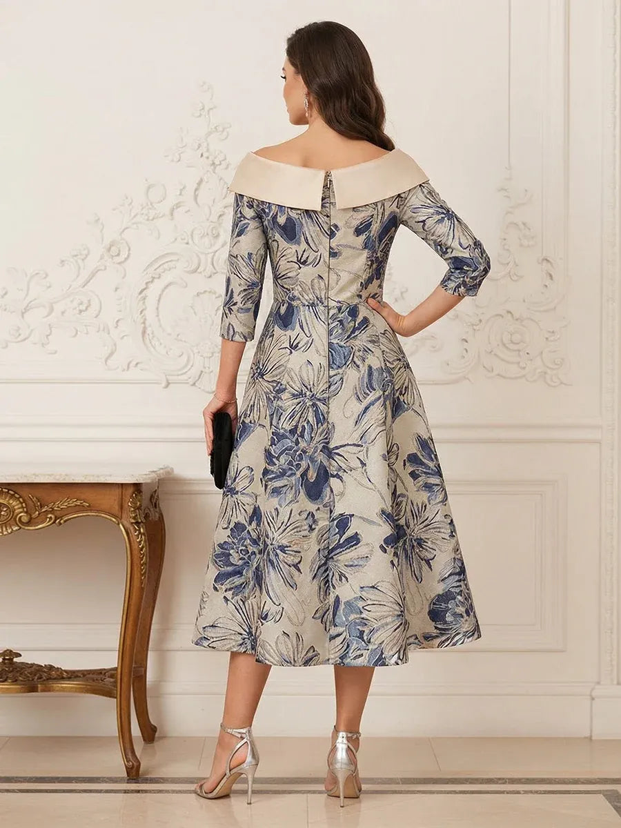 Elegant A-Line V-Neck Three-Quarter Sleeve Zipper Back Midi Mother of the Bride Dress