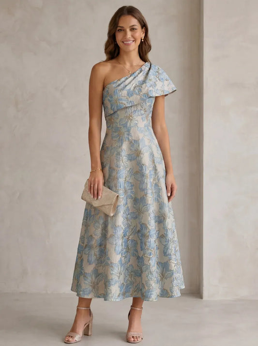 Front view of Loverlm blue floral one-shoulder A-line midi wedding guest dress with ruffle detail
