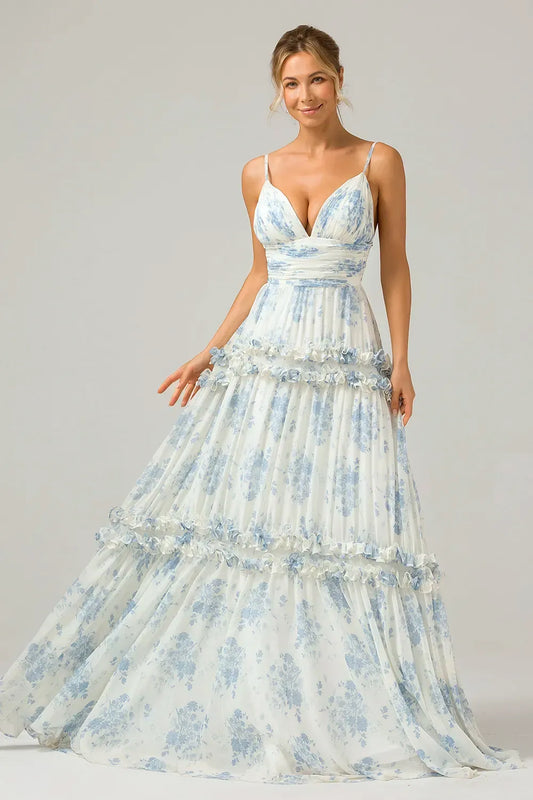 Loverlm blue floral A-line prom dress with plunging V-neck, spaghetti straps, ruched waist and tiered ruffle floor-length skirt