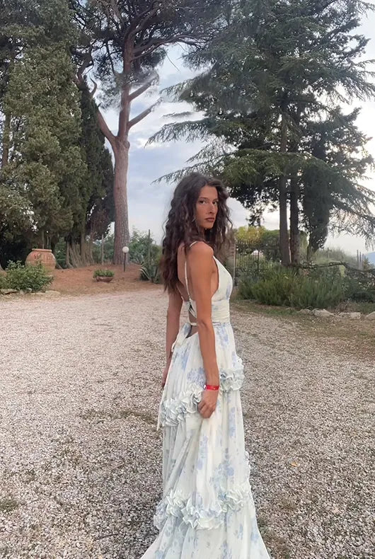 Romantic A-Line V-Neck Spaghetti Straps Tie Back Floral Tulle Prom Dress